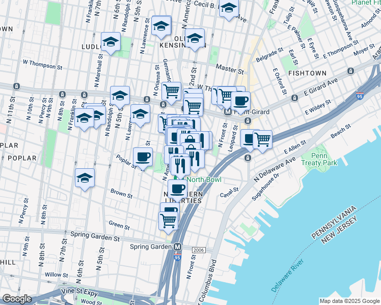 map of restaurants, bars, coffee shops, grocery stores, and more near 1010 North Hancock Street in Philadelphia