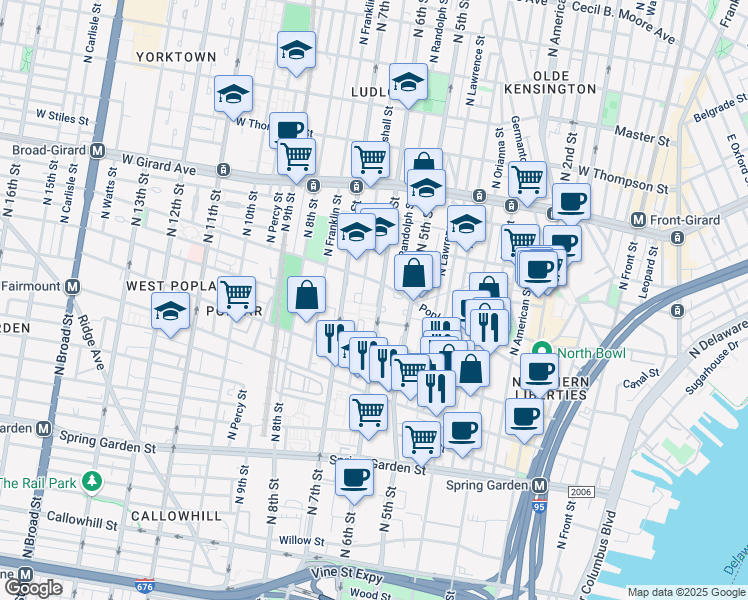 map of restaurants, bars, coffee shops, grocery stores, and more near 523 Parrish Street in Philadelphia