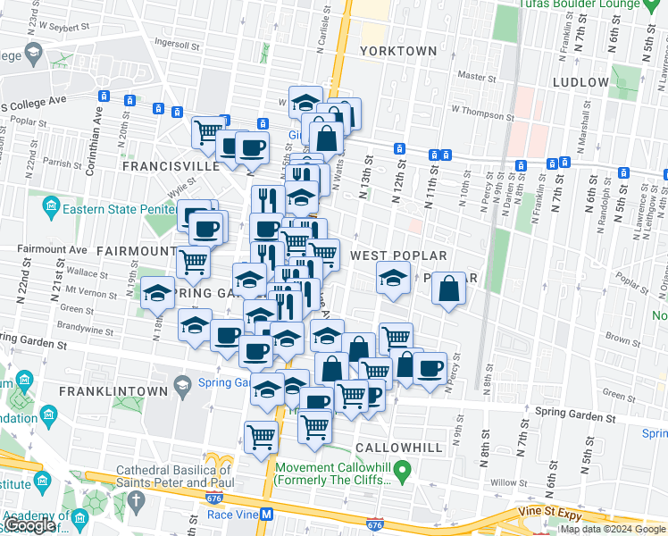 map of restaurants, bars, coffee shops, grocery stores, and more near 638 North 13th Street in Philadelphia