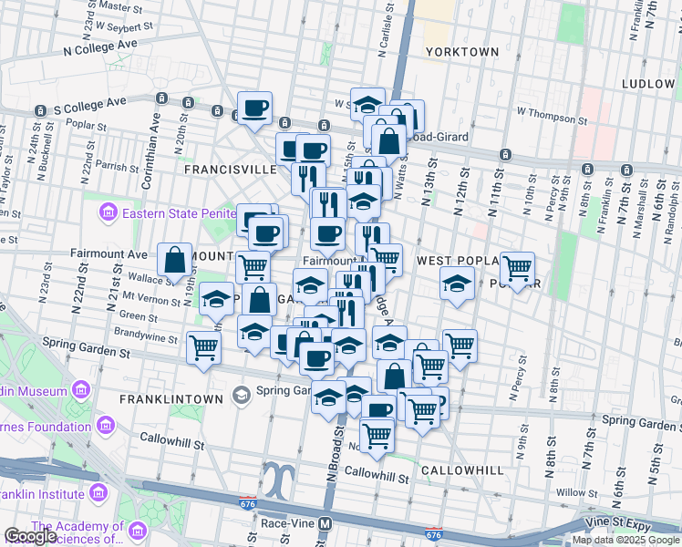 map of restaurants, bars, coffee shops, grocery stores, and more near 655 North 15th Street in Philadelphia