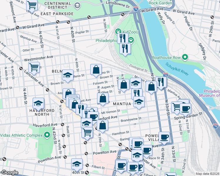 map of restaurants, bars, coffee shops, grocery stores, and more near 3801 Fairmount Avenue in Philadelphia