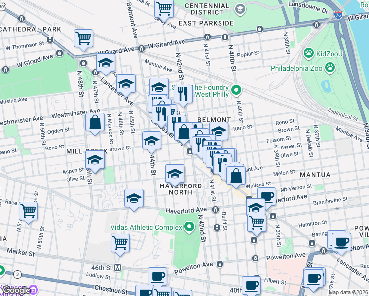 map of restaurants, bars, coffee shops, grocery stores, and more near 750 Brooklyn Street in Philadelphia