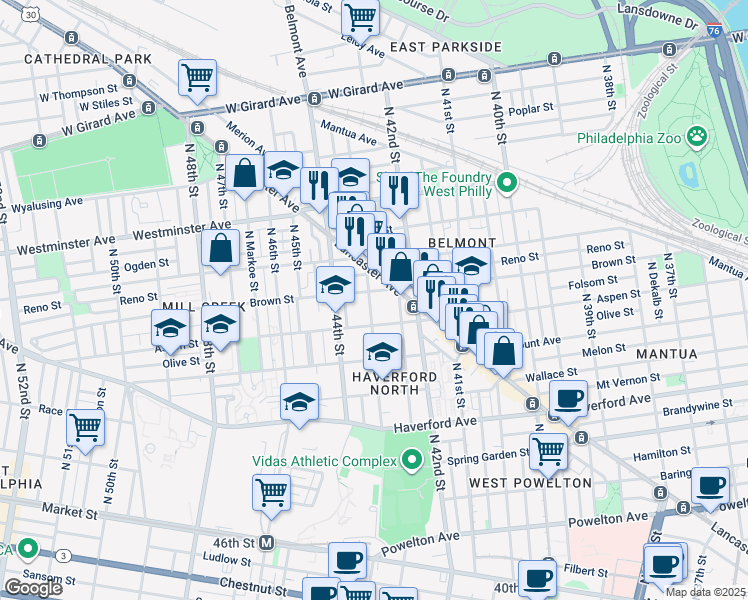 map of restaurants, bars, coffee shops, grocery stores, and more near 4317 Aspen Street in Philadelphia