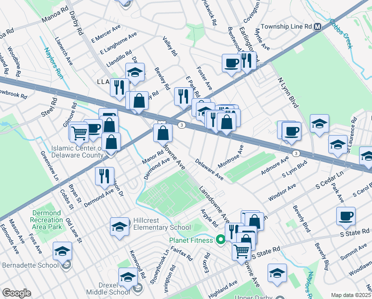 map of restaurants, bars, coffee shops, grocery stores, and more near 8506 Monroe Avenue in Upper Darby