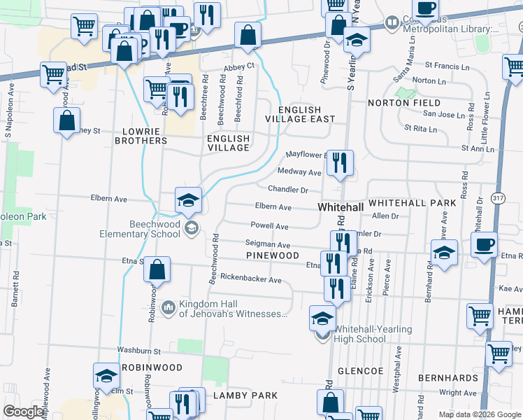 map of restaurants, bars, coffee shops, grocery stores, and more near 4120 Powell Avenue in Columbus