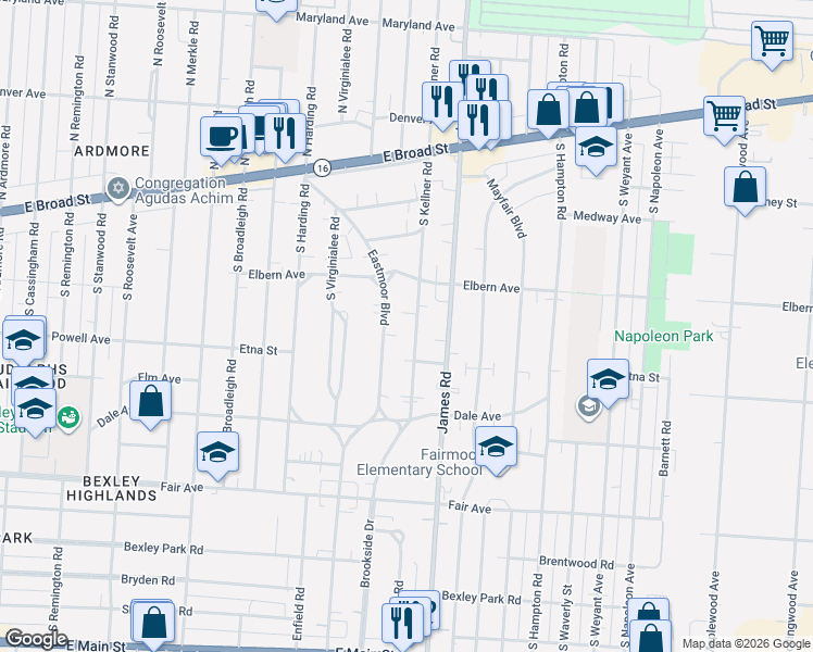 map of restaurants, bars, coffee shops, grocery stores, and more near 269 South Kellner Road in Columbus