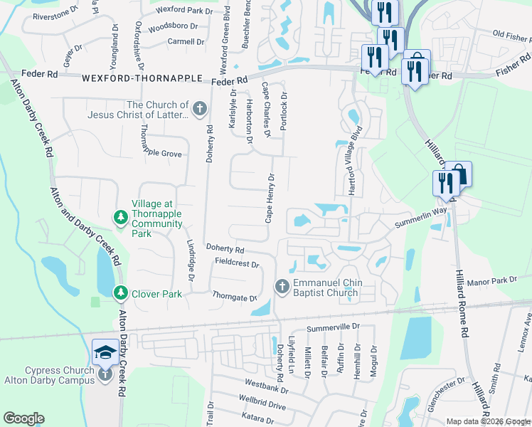 map of restaurants, bars, coffee shops, grocery stores, and more near 5885 Rainwater Way in Columbus