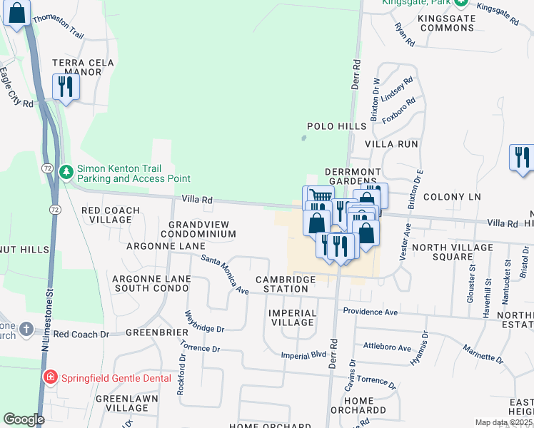map of restaurants, bars, coffee shops, grocery stores, and more near 701 Villa Road in Springfield