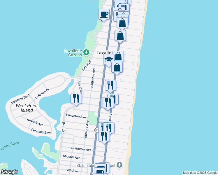 map of restaurants, bars, coffee shops, grocery stores, and more near 1606 Grand Central Avenue in Lavallette