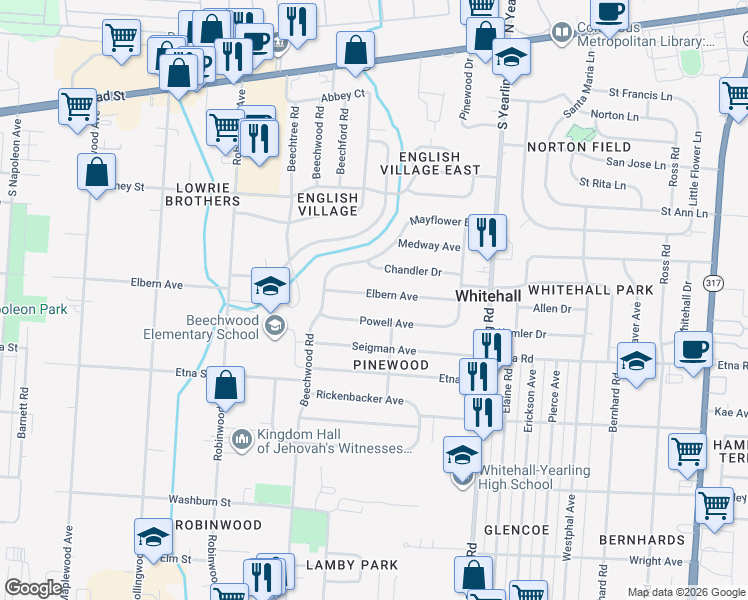 map of restaurants, bars, coffee shops, grocery stores, and more near 4120 Powell Avenue in Columbus