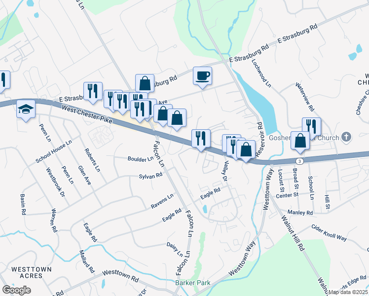 map of restaurants, bars, coffee shops, grocery stores, and more near 1314 West Chester Pike in West Chester