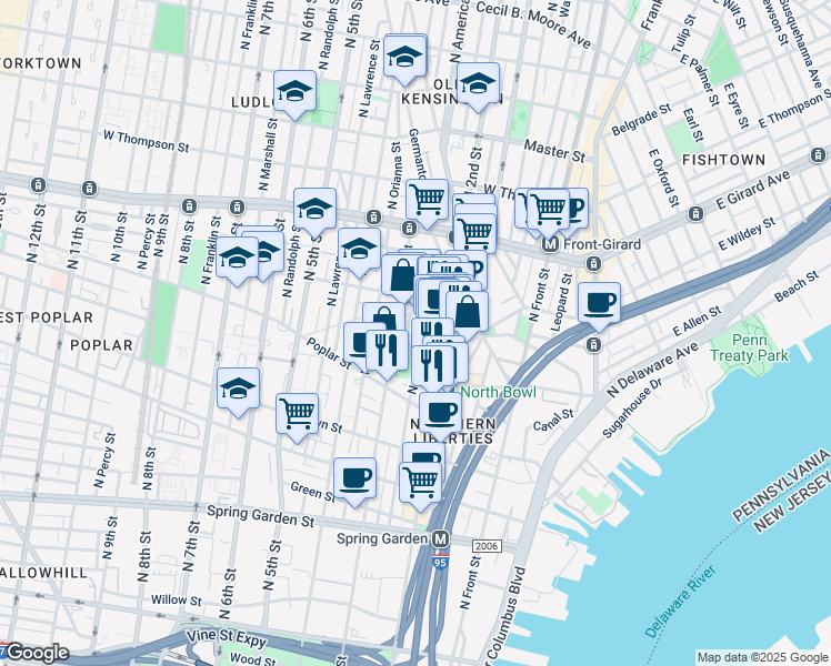 map of restaurants, bars, coffee shops, grocery stores, and more near 225 West Wildey Street in Philadelphia