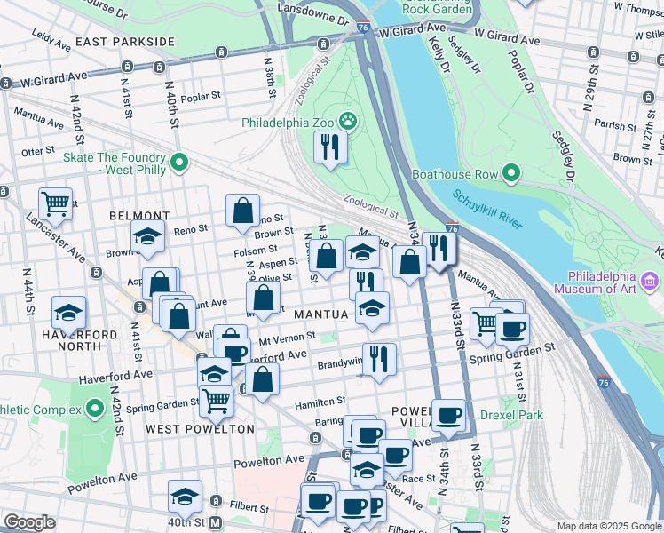 map of restaurants, bars, coffee shops, grocery stores, and more near 3625 Olive Street in Philadelphia