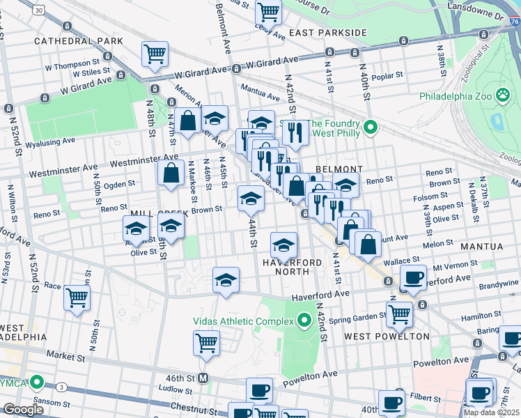 map of restaurants, bars, coffee shops, grocery stores, and more near 4324 Brown Street in Philadelphia