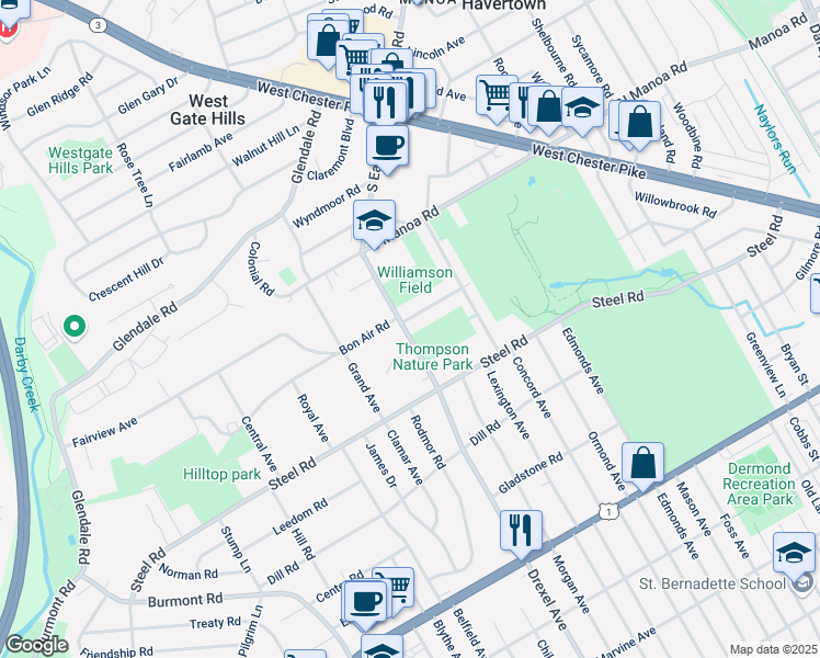 map of restaurants, bars, coffee shops, grocery stores, and more near 553 South Eagle Road in Havertown