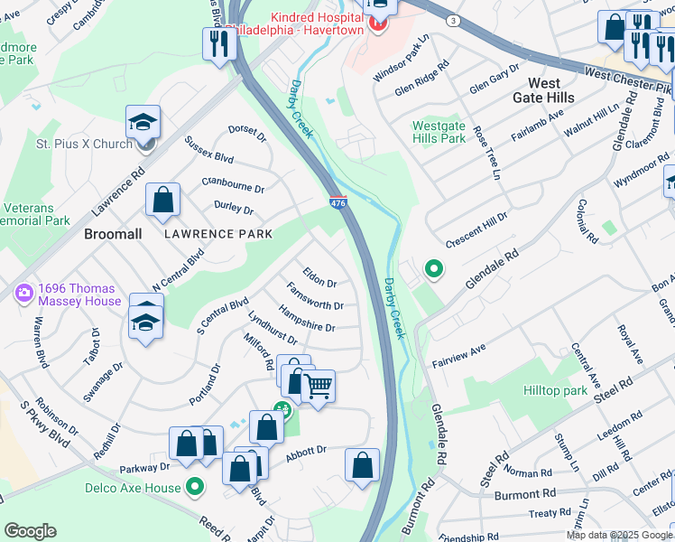 map of restaurants, bars, coffee shops, grocery stores, and more near 318 Sussex Boulevard in Broomall