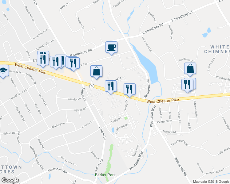 map of restaurants, bars, coffee shops, grocery stores, and more near 2 Mary Fran Drive in West Chester