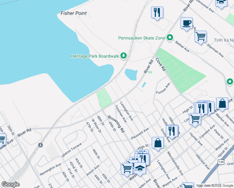 map of restaurants, bars, coffee shops, grocery stores, and more near 5011 River Road in Pennsauken Township