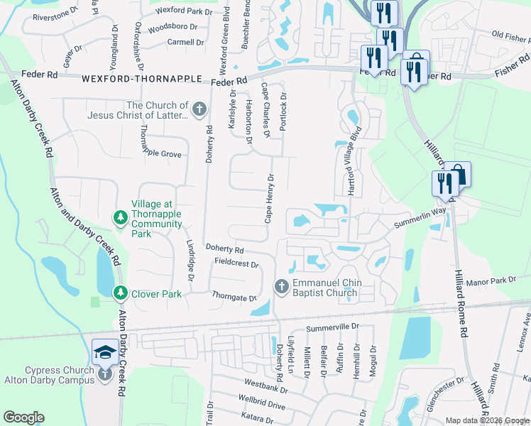 map of restaurants, bars, coffee shops, grocery stores, and more near 5885 Rainwater Way in Columbus