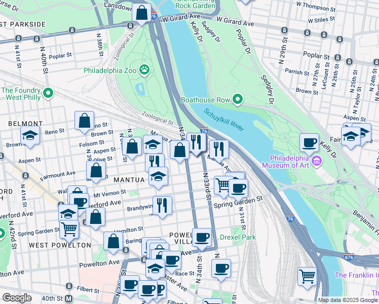 map of restaurants, bars, coffee shops, grocery stores, and more near 3314 Mantua Avenue in Philadelphia