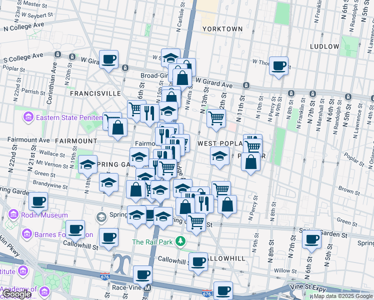 map of restaurants, bars, coffee shops, grocery stores, and more near 638 North 13th Street in Philadelphia