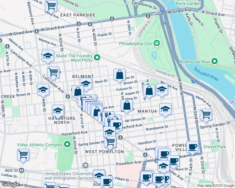 map of restaurants, bars, coffee shops, grocery stores, and more near 3923 Aspen Street in Philadelphia