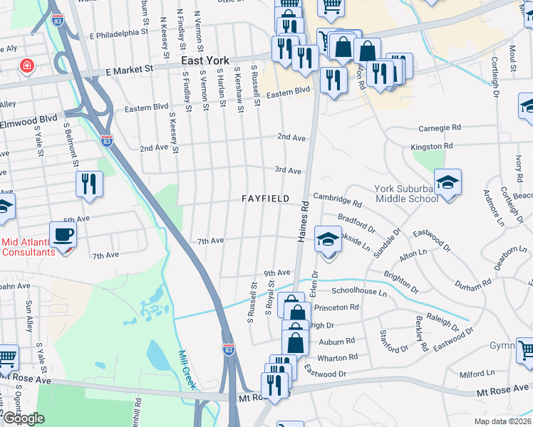 map of restaurants, bars, coffee shops, grocery stores, and more near 551 South Russell Street in East York