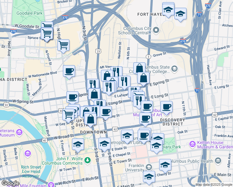 map of restaurants, bars, coffee shops, grocery stores, and more near 230 East Long Street in Columbus