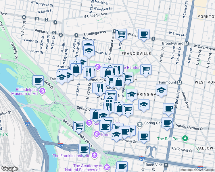 map of restaurants, bars, coffee shops, grocery stores, and more near 2023 Wallace Street in Philadelphia