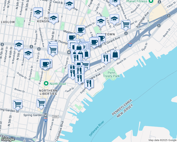 map of restaurants, bars, coffee shops, grocery stores, and more near 158 Richmond Street in Philadelphia