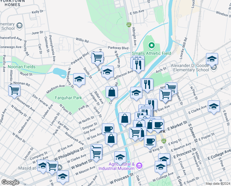 map of restaurants, bars, coffee shops, grocery stores, and more near 154 Hamilton Avenue in York