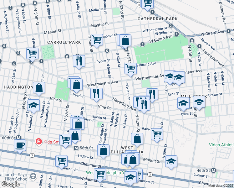 map of restaurants, bars, coffee shops, grocery stores, and more near 5327 Parrish Street in Philadelphia