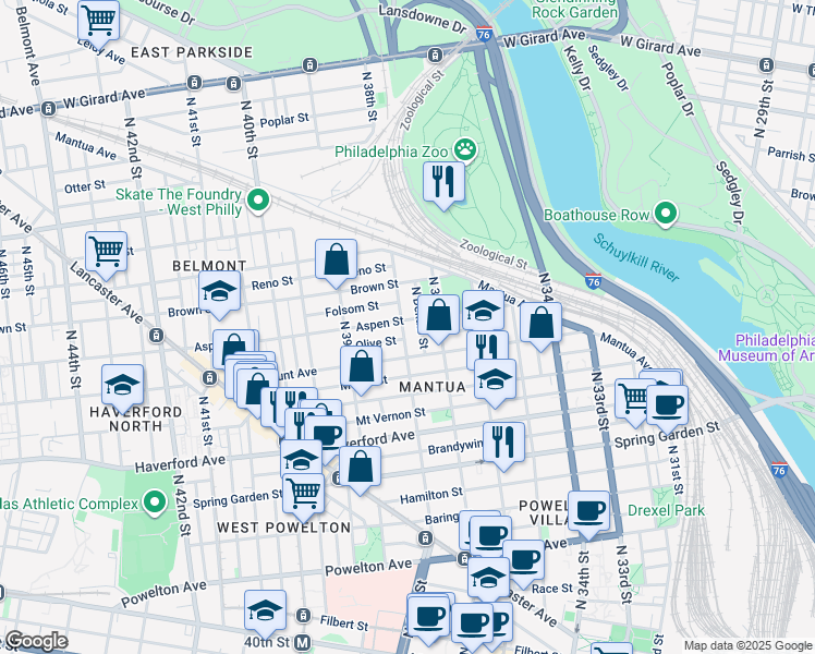 map of restaurants, bars, coffee shops, grocery stores, and more near 737 North 38th Street in Philadelphia