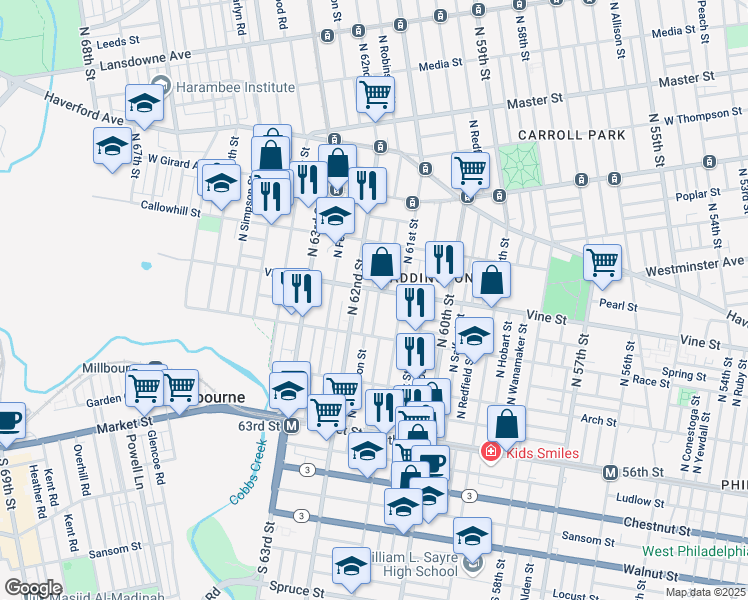 map of restaurants, bars, coffee shops, grocery stores, and more near 250 North Robinson Street in Philadelphia
