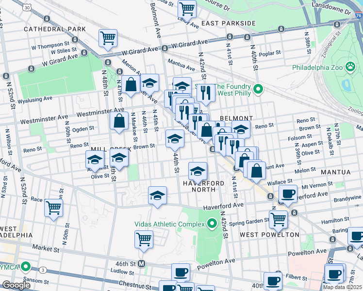 map of restaurants, bars, coffee shops, grocery stores, and more near 4324 Brown Street in Philadelphia