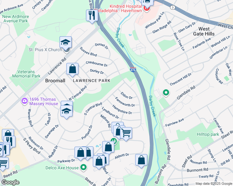 map of restaurants, bars, coffee shops, grocery stores, and more near 621 South Central Boulevard in Broomall