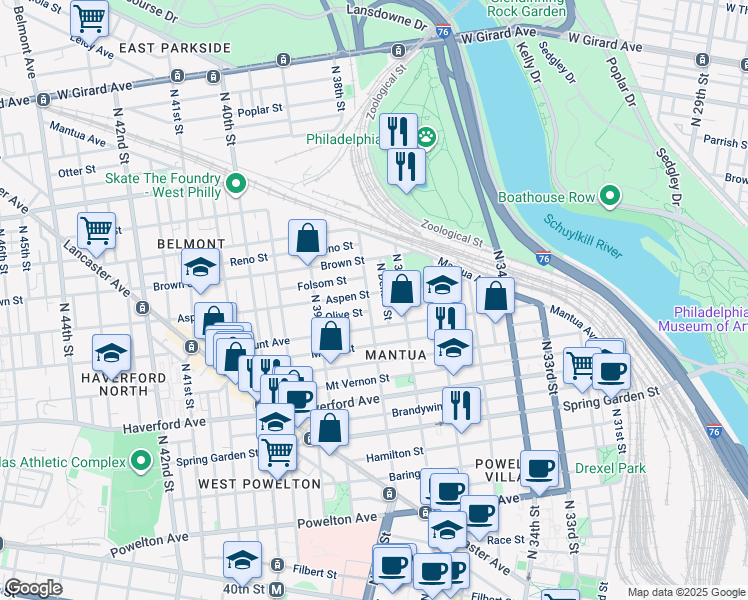 map of restaurants, bars, coffee shops, grocery stores, and more near 737 North 38th Street in Philadelphia