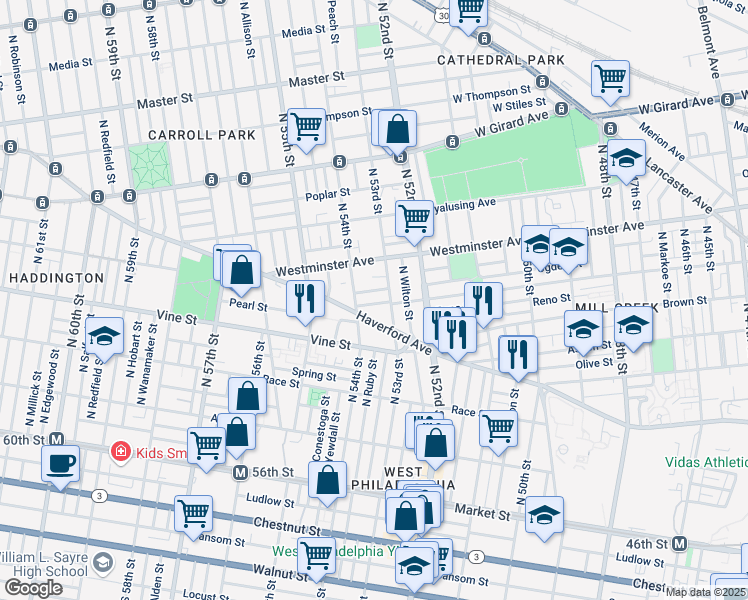 map of restaurants, bars, coffee shops, grocery stores, and more near 5305 Haverford Avenue in Philadelphia