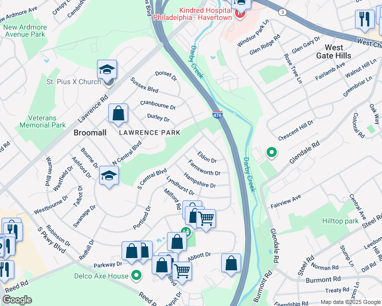 map of restaurants, bars, coffee shops, grocery stores, and more near 621 South Central Boulevard in Broomall