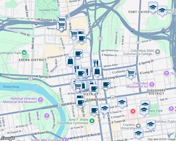 map of restaurants, bars, coffee shops, grocery stores, and more near 55 East Spring Street in Columbus