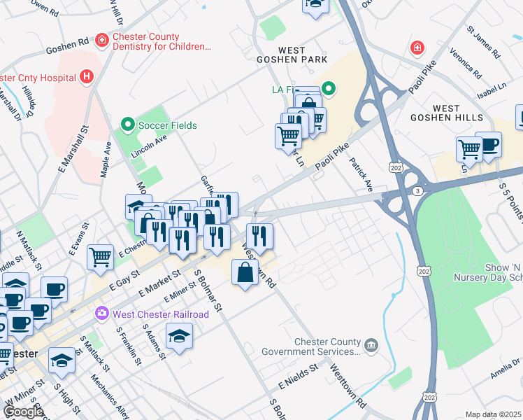 map of restaurants, bars, coffee shops, grocery stores, and more near 800 North Chester Road in West Chester