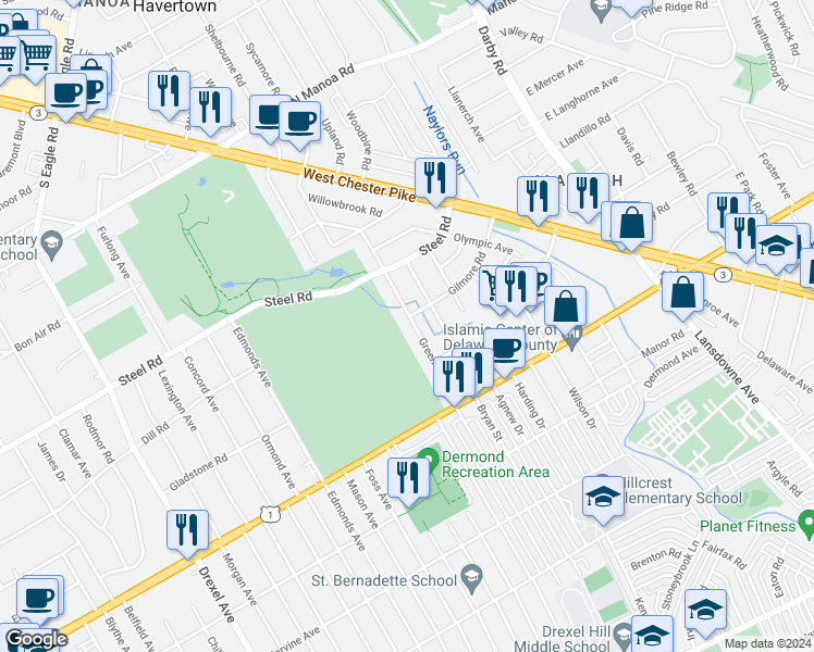 map of restaurants, bars, coffee shops, grocery stores, and more near 332 Greenview Lane in Havertown