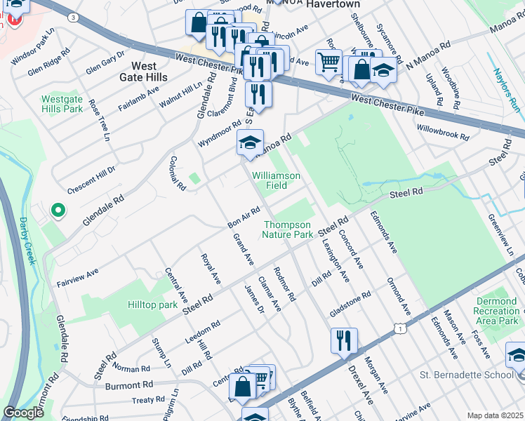 map of restaurants, bars, coffee shops, grocery stores, and more near 566 South Eagle Road in Havertown