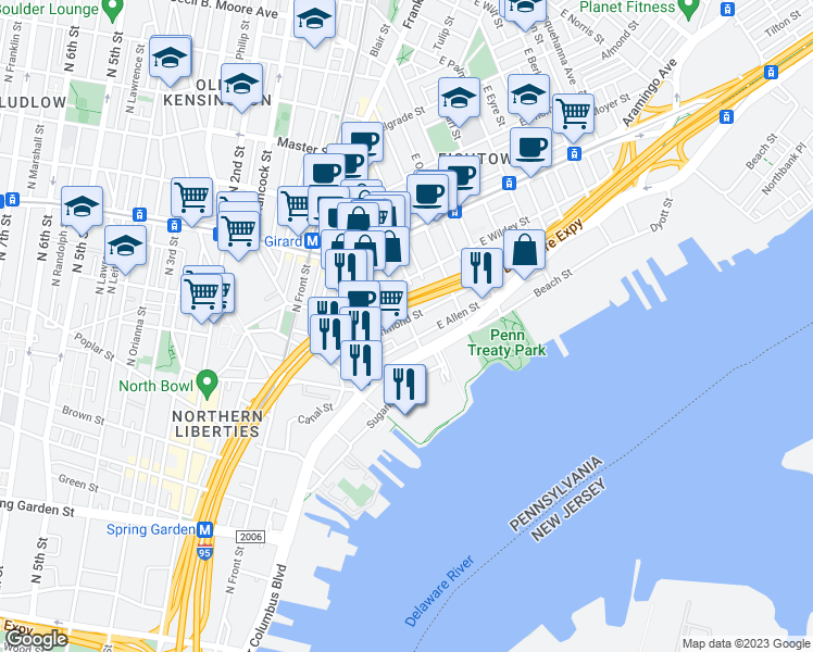 map of restaurants, bars, coffee shops, grocery stores, and more near 912 Shackamaxon Street in Philadelphia