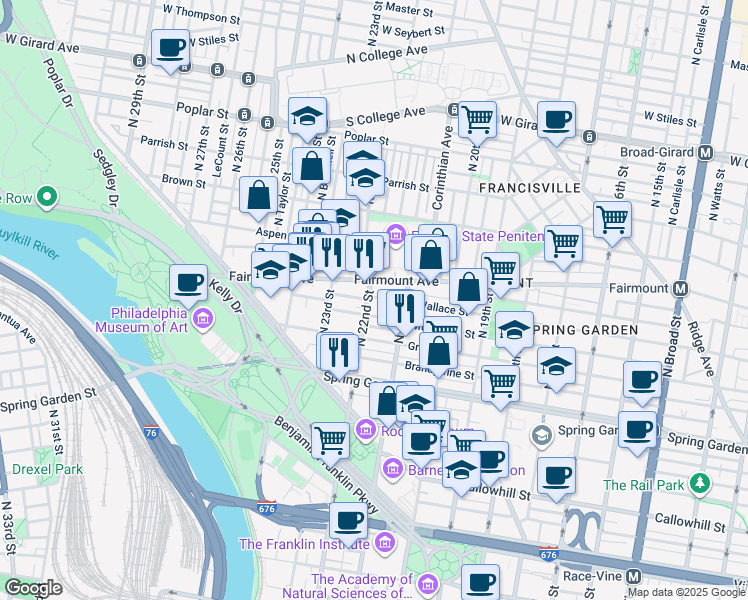 map of restaurants, bars, coffee shops, grocery stores, and more near 643 North 22nd Street in Philadelphia
