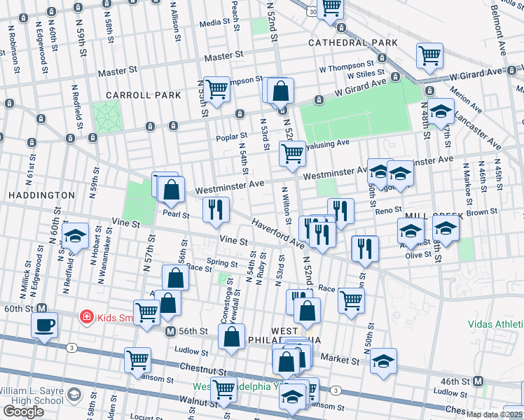 map of restaurants, bars, coffee shops, grocery stores, and more near 5327 Parrish Street in Philadelphia
