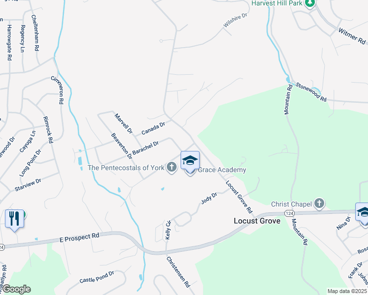 map of restaurants, bars, coffee shops, grocery stores, and more near 3985 Barachel Drive in York