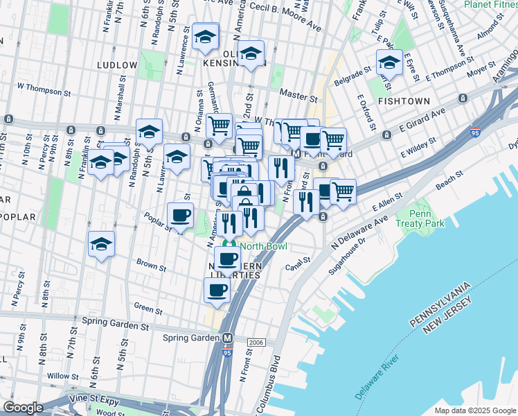 map of restaurants, bars, coffee shops, grocery stores, and more near 137 West Allen Street in Philadelphia