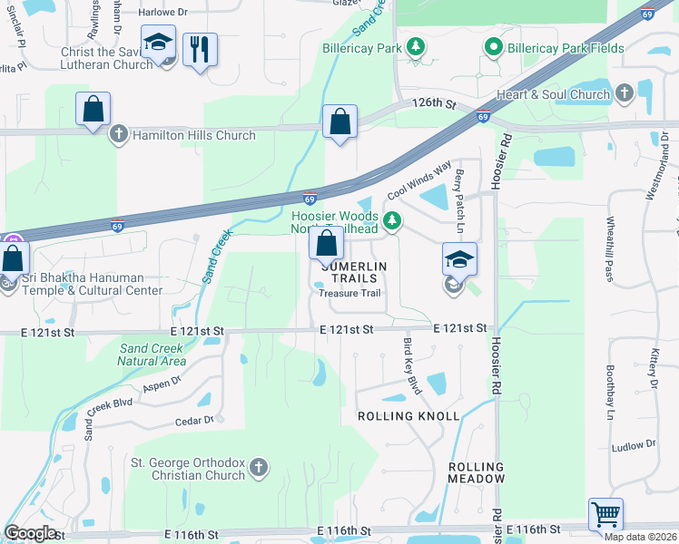 map of restaurants, bars, coffee shops, grocery stores, and more near 10798 Treasure Trail in Fishers
