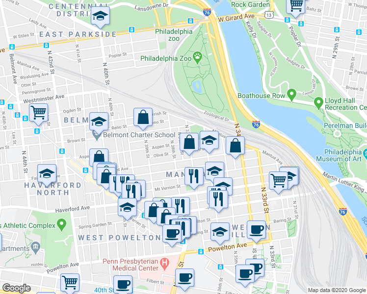 map of restaurants, bars, coffee shops, grocery stores, and more near 729 North Dekalb Street in Philadelphia